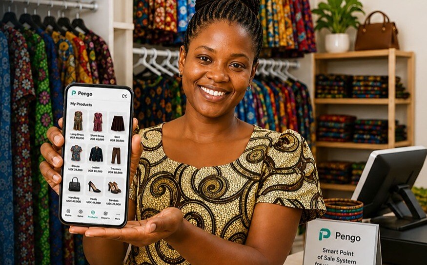 A shopkeeper in her store holding a phone that shows the Pengo product catalog